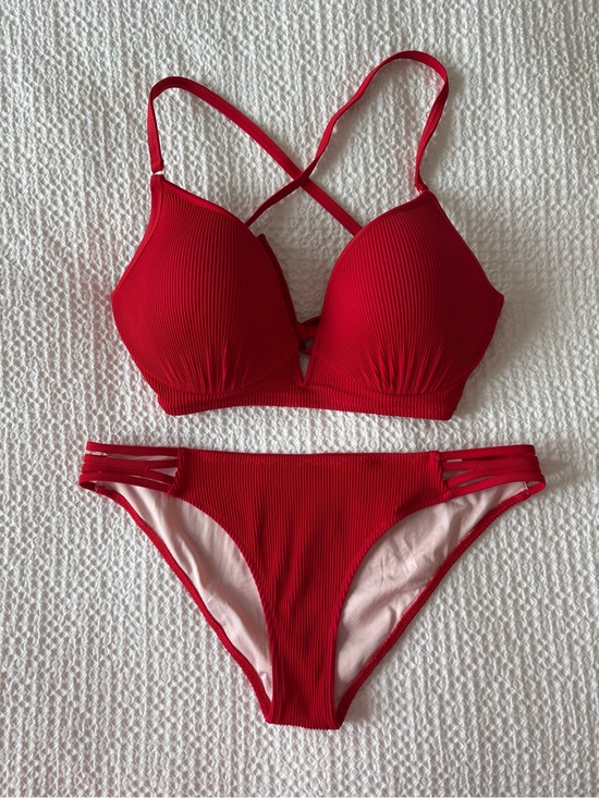 Shade & Shore Other - Shade & Shore Ribbed Bikini Set Red Strappy Swimwear - 34D Top & Medium Bottoms